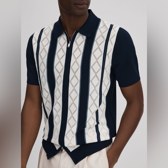 Reiss Navy and White Striped Full Zip Polo - Picture 8 of 8